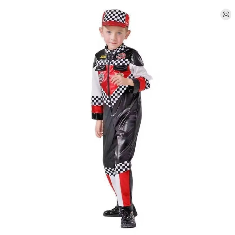 Race Car Driver Costume – Boys Size 140/L (US Age 9–10), Jumpsuit + Cap -Driver